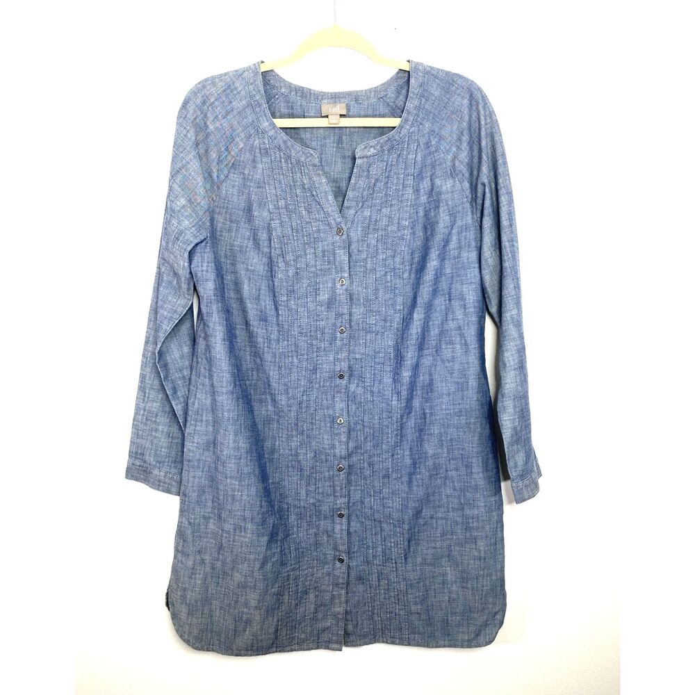 J Jill Chambray Cotton V Neck Long Sleeve Pleated Front Tunic Shirt Dress S